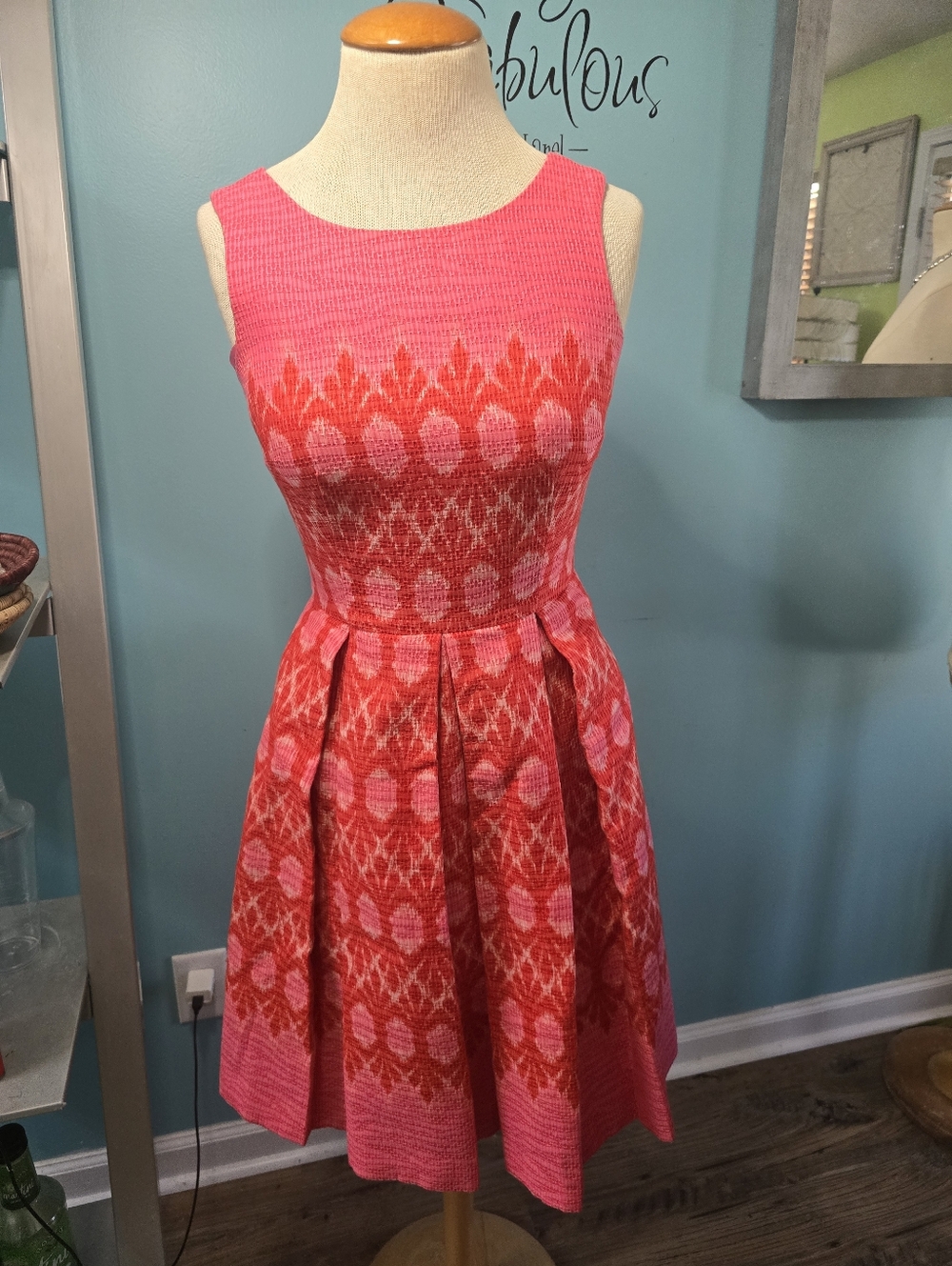 Taylor Pink and Red Sleeveless Fit-and-Flare Mini Dress